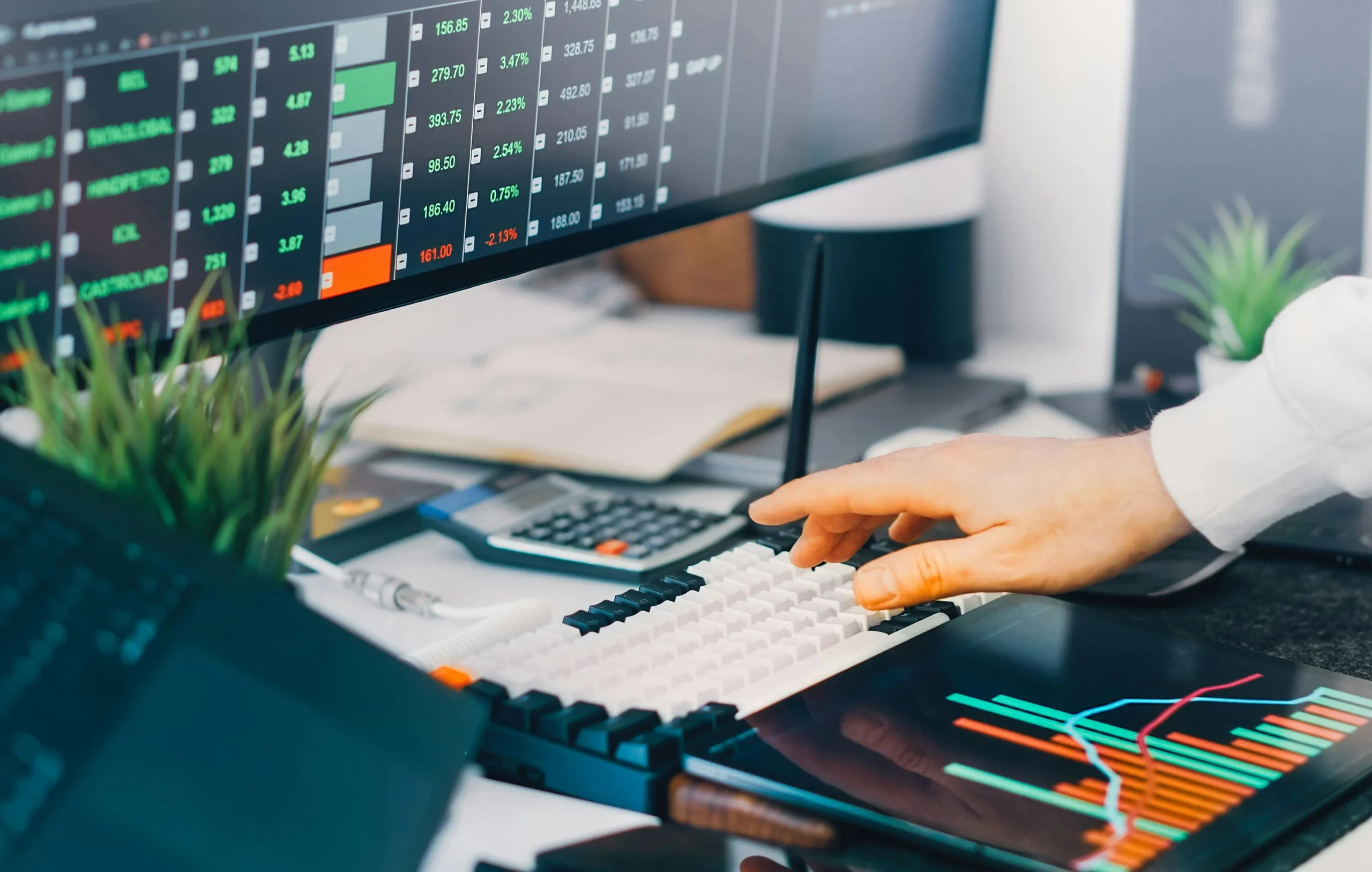 financial planning software — Professional workspace with trading charts and market data on screens, ideal for finance and investment contexts.