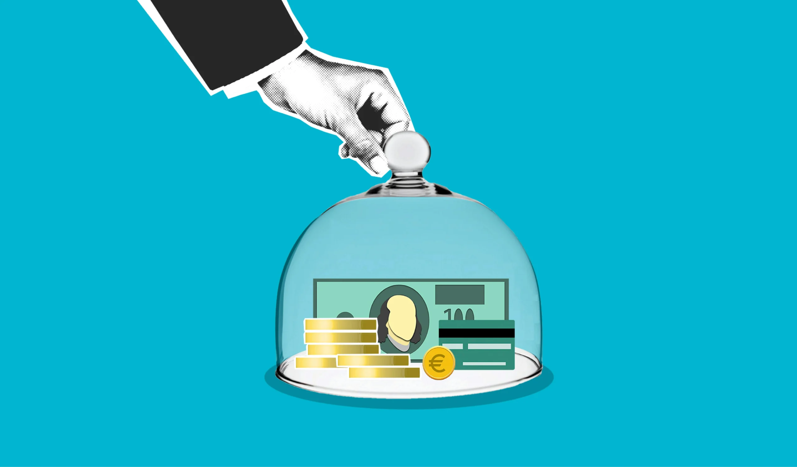 I bond rates 2026: Decorative cardboard illustration of person hand putting transparent dome on dollar banknotes and coins on