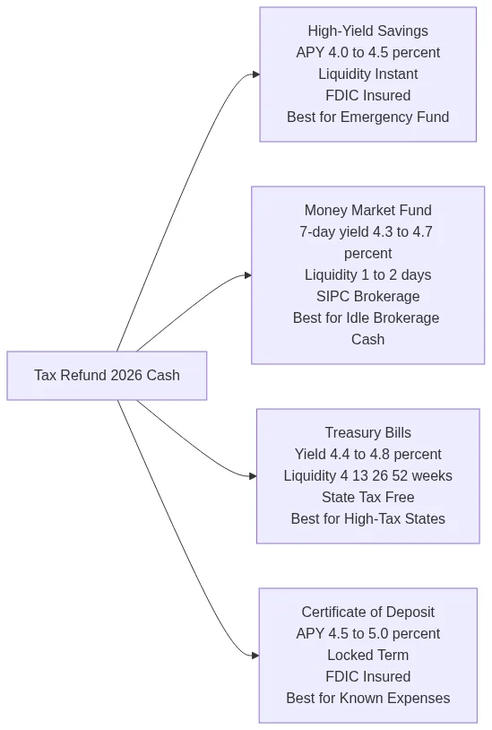 Tax Refund 2026: Ultimate Guide to Max Yield Now Safely 4 Comparison chart of HYSA, money market funds, T-bills and CDs for tax refund 2026