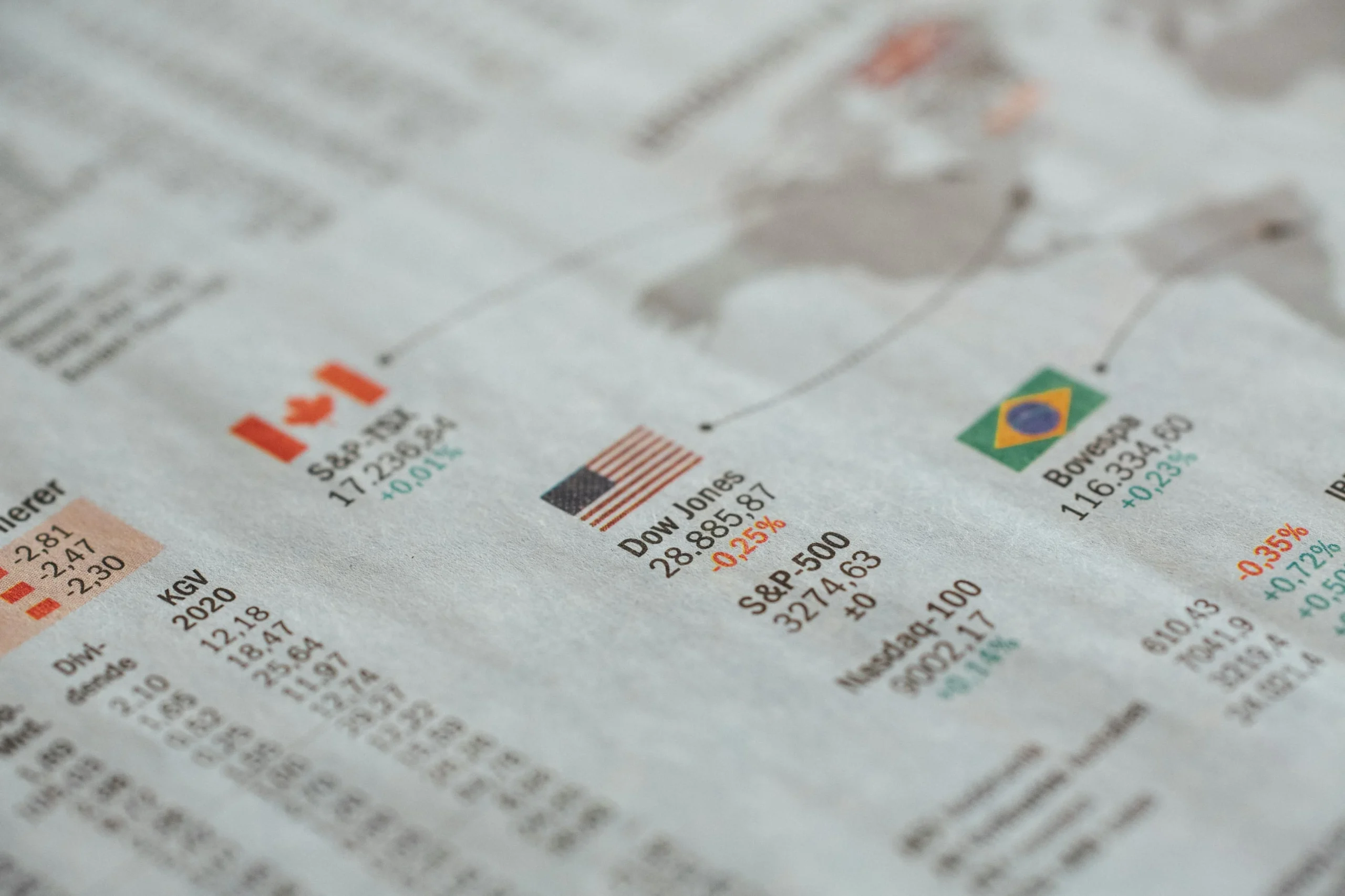 tax loss harvesting 2026: Detailed close-up of a newspaper displaying global financial market statistics and country flags