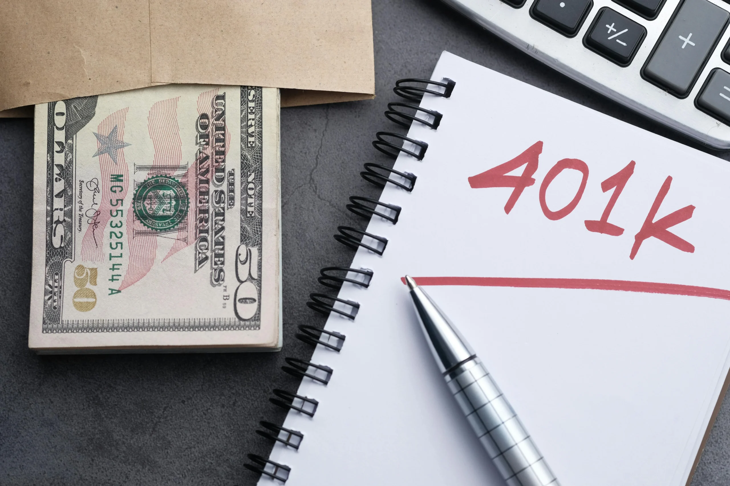 year end financial checklist 2026: A desk setup with a notebook labeled '401k', a pen, cash, and a calculator representing fi